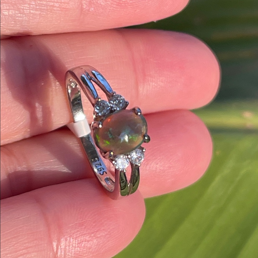 NWT Natural Blacl Opal 8X6mm with CZ accents Ring in 925 Sterling Silver Size 8